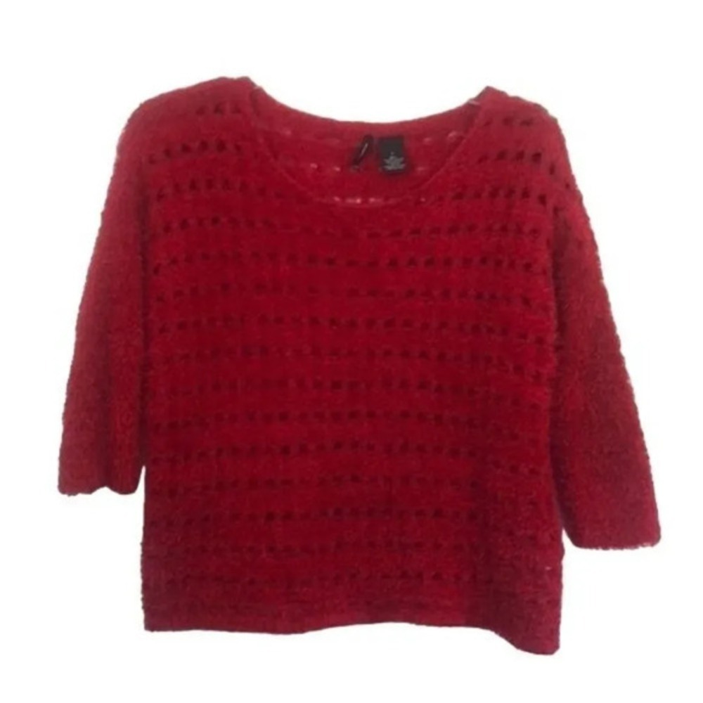 New Directions Red Crochet Knit Sweater Womens‎ Large 3/4 Sleeve